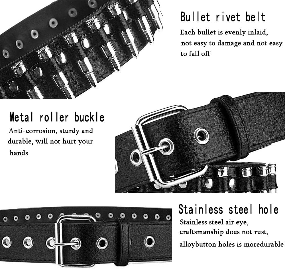 PEAFAN Bullet Studded Belt, Punk Rivet Belt Black Leather Rock Belt with Silver Bullet for Women Men Standard Size, Black image number 3