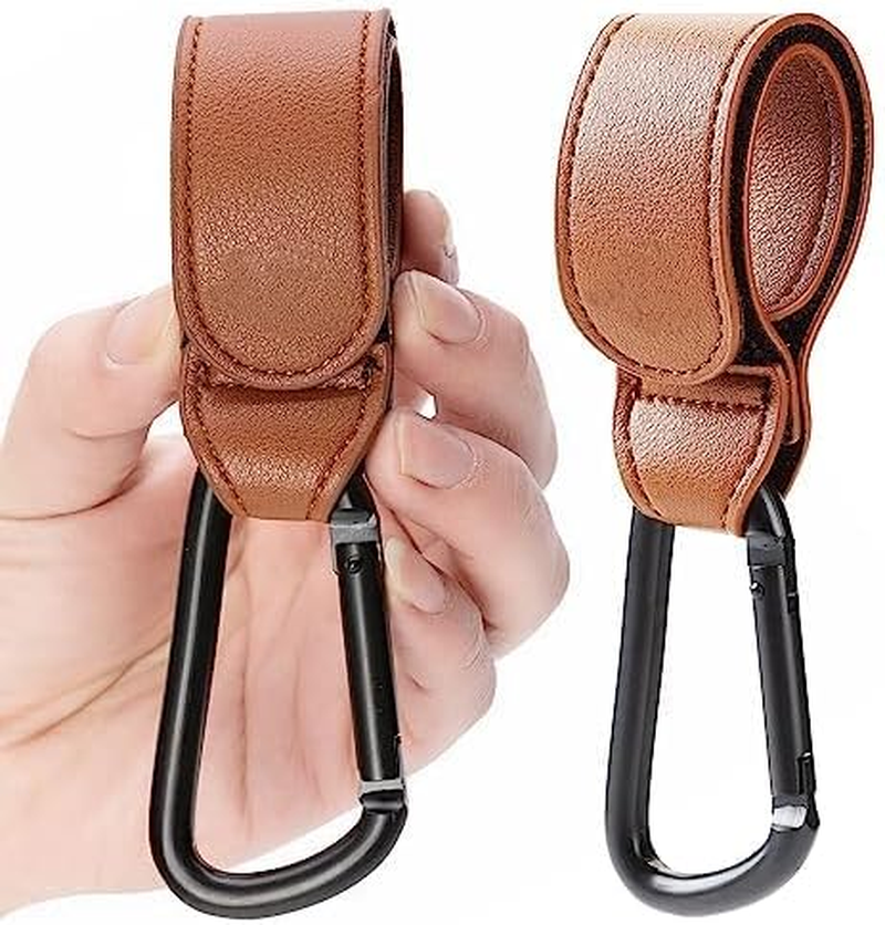 2 Pack Stroller Hooks Durable Leather Style Adjustable Carabiner Clips for Diaper Bags, Grocery Shopping & More Fits Nuna, Uppababy, BOB Strollers, Bikes, Scooters & Wheelchairs