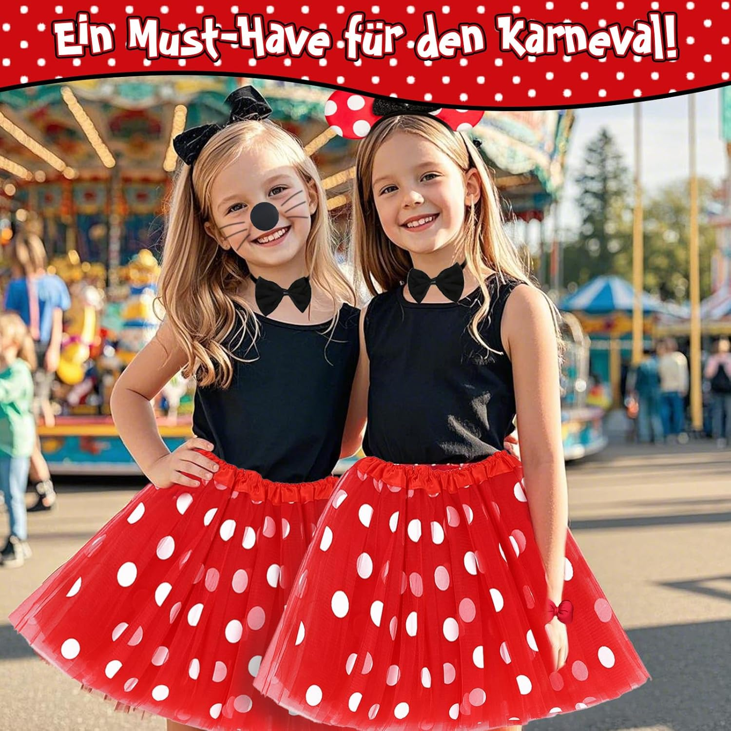 Mouse Costume Children, 7-Piece Girls' Mini Mouse Costume, Red Pink Tutu + Mouse Ears + Nose + Bow Tie + Tail + Gloves + Hair Ties, Children'S Costumes Girls Carnival Costume Children image number 2