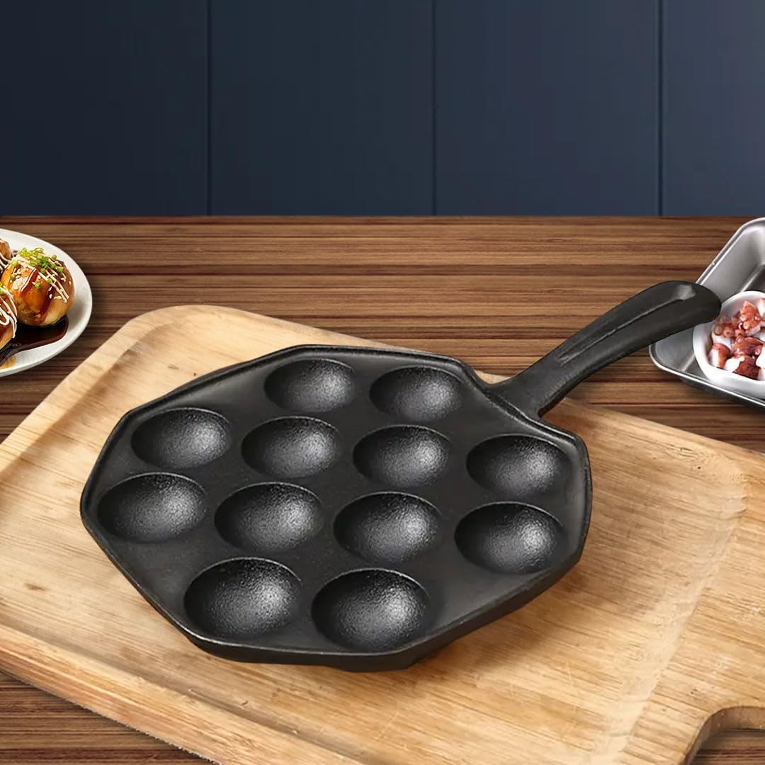SOGA 18CM Cast Iron Takoyaki Fry Pan Octopus Balls Maker 12 Hole Cavities Grill Mold image number 2
