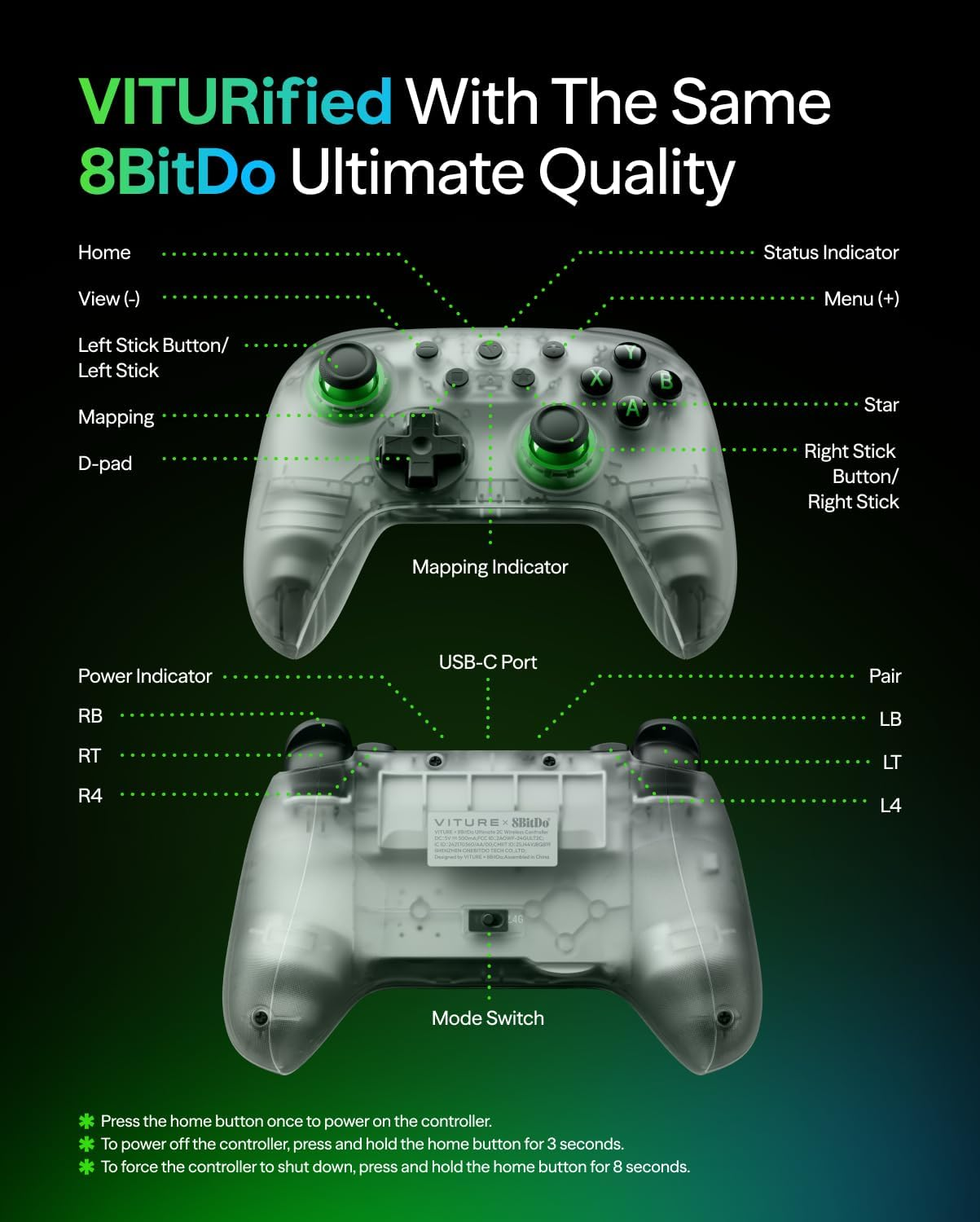 VITURE &times; 8Bitdo Ultimate 2C 3-Mode Wireless Gaming Controller for Neckband, Android & Windows | Xbox Layout | Hall Effect Joysticks | Linear Triggers | L4/R4 Mapping | Wired, Bluetooth & 2.4G image number 3