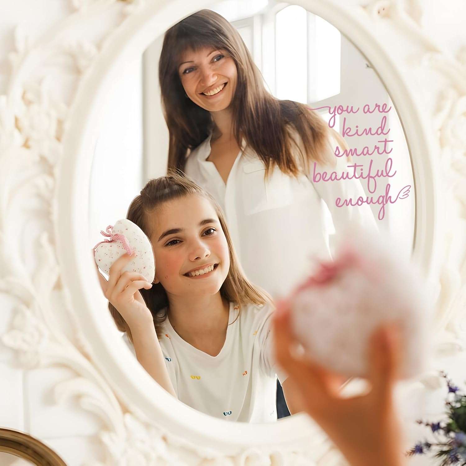 Bathroom Mirror Affirmation Wall Decor, You Are Kind Smart Beautiful Enough Vinyl Stickers, Mirror Wall Sticker for Bathroom Bedroom, Affirmations Decals for Girls Teens (Pink) - Pink image number 3