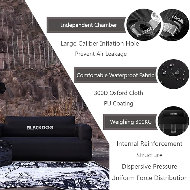 Naturehike Blackdog Outdoor Double Inflatable Sofa, Black Portable Waterproof Couch with Electric Air Pump, Adults Air Couch for Indoor Living, Tent Camping, Beach Travel, Easy Setup (Double) image number 6