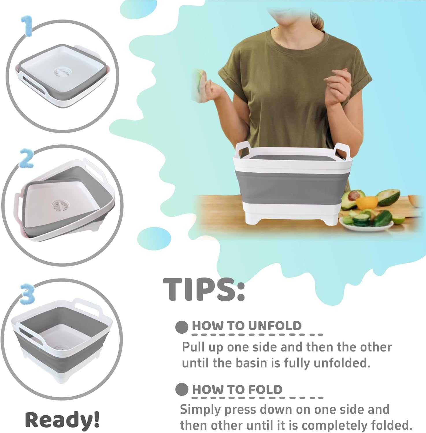 GIMWA Collapsible Wash Basin for Baby Bottles - 2.4 Gallons Portable Wash Bin for RV Camping Sink, Space-Saving Dish Tub (Gray) image number 6