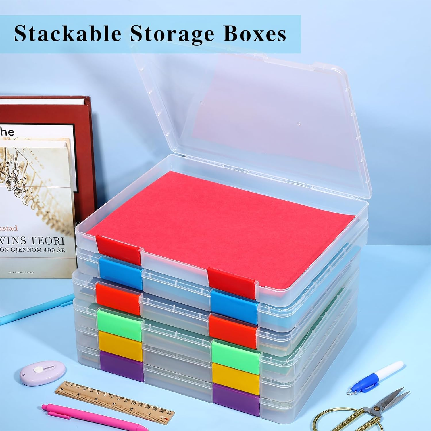 Perkoop 6 Pcs Clear Paper Storage Box A4 Plastic File Box Document Paper Organizer Storage Board Game Project Cases Containers with Buckle for Craft, Magazine(Colorful,12.4 X 9.84 X 1.18 Inches) image number 4