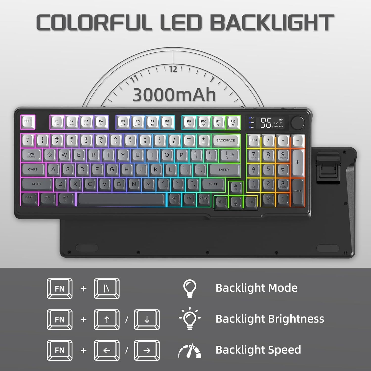 FREEWOLF M96 Wireless Gaming Keyboard Creamy Membrane with Rainbow Backlight,Media Knob,Lcd Screen,Dual Mode-Bluetooth/2.4Ghz,Ball Shape PBT Keycap 94 Key ANSI Layout for Win Mac PC Gamer(Moonlight) image number 5