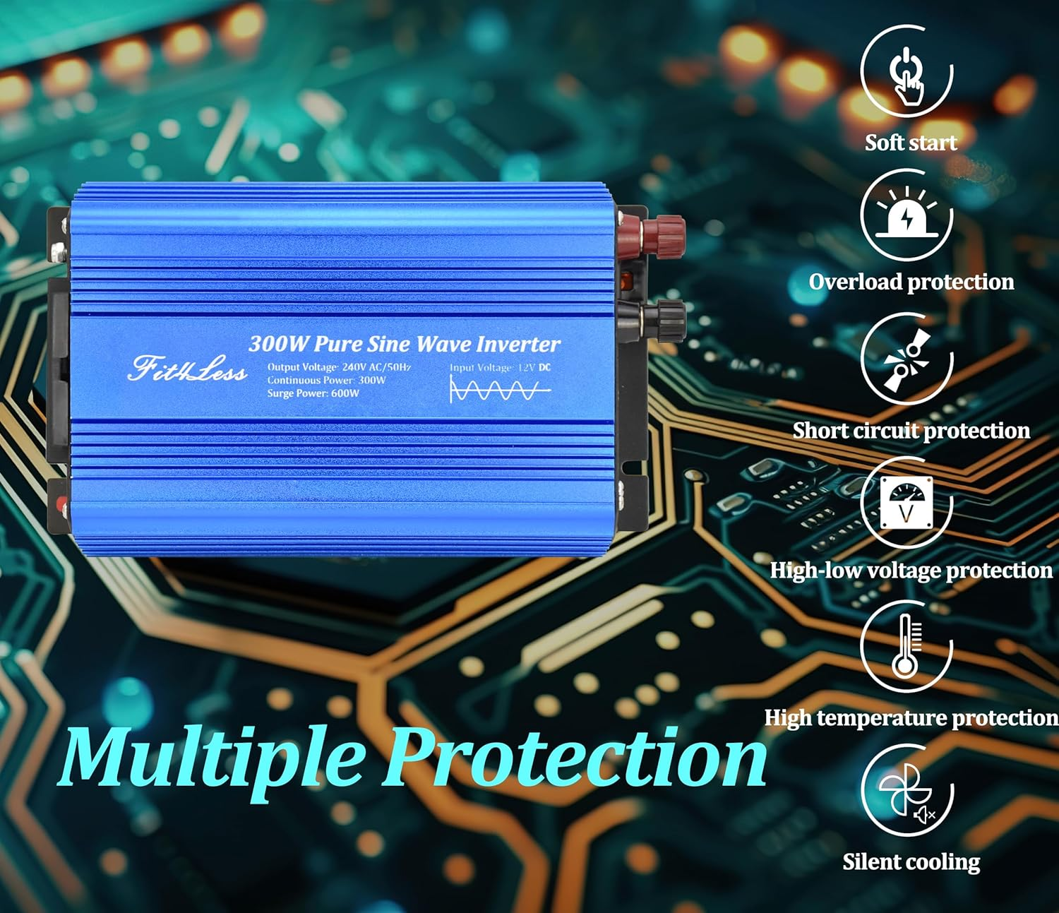 Pure Sine Wave Power Inverter 300W Rated Power and 600W Surge Power, Input DC12V Output Ac240V/50Hz with SAA Socket and USB DC5V Output. (300W)