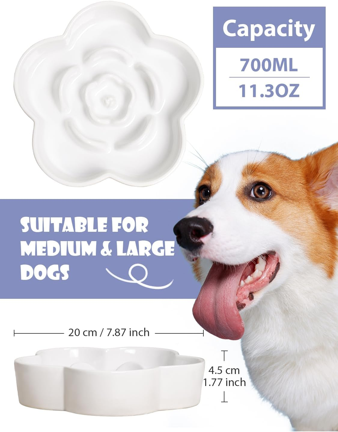Ceramic Slow Feeder Dog/Cat Bowl, Anti-Choking Slow Food Bowls, 8" 11.3Oz Slow Feeder for Medium, Large Breeds, Plum Puzzle Design, Non-Slip Silicone, Dishwasher and Microwave Safe, White image number 3