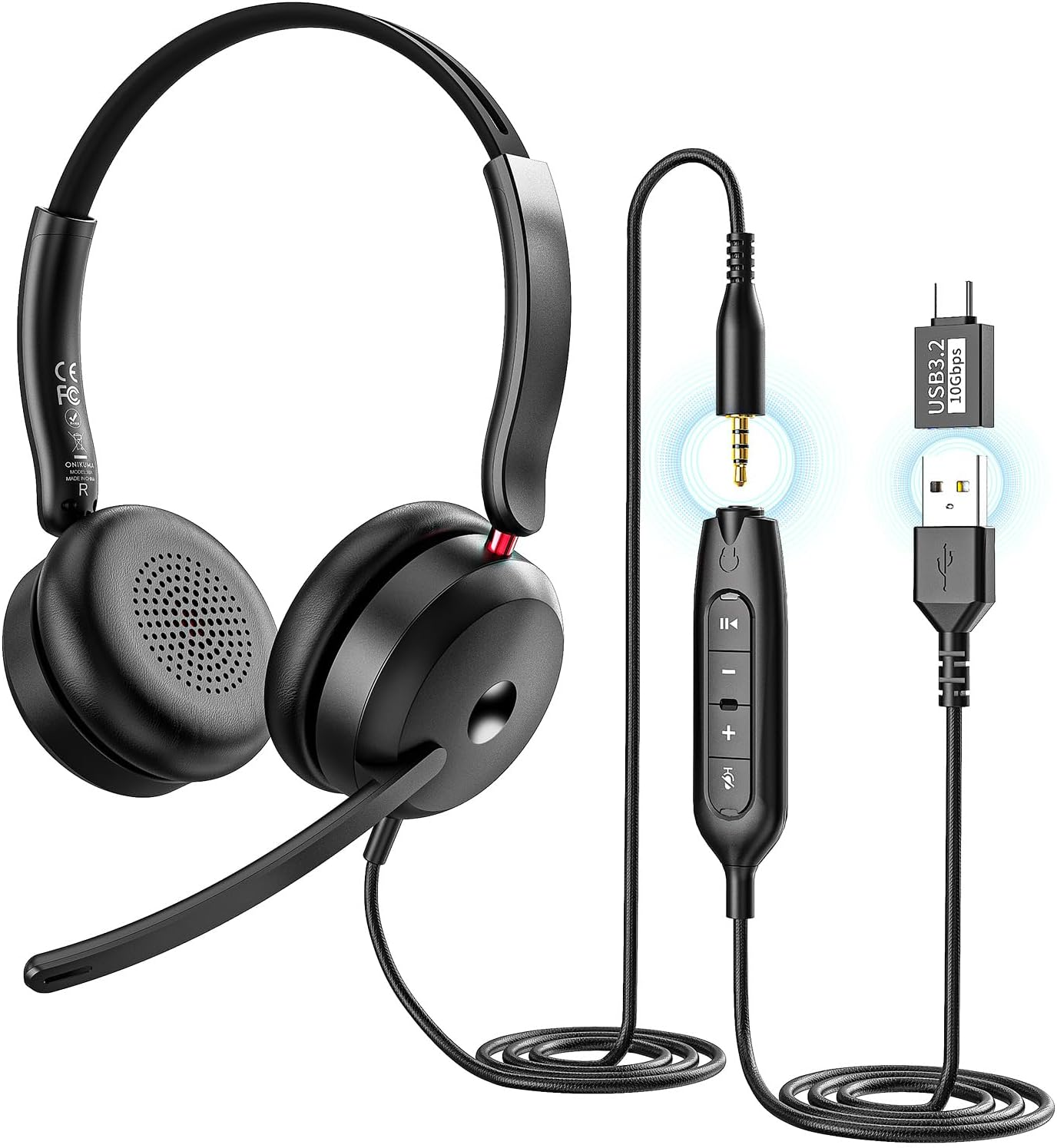 USB Headphones with Noise Cancelling Microphone, Wired On-Ear Office Headsets for Pc/Laptop, Line Control & Soft Earmuffs for Call Center, Video Conferencing, Remote Work, USB-C & USB-A & 3.5MM Aux image number 2