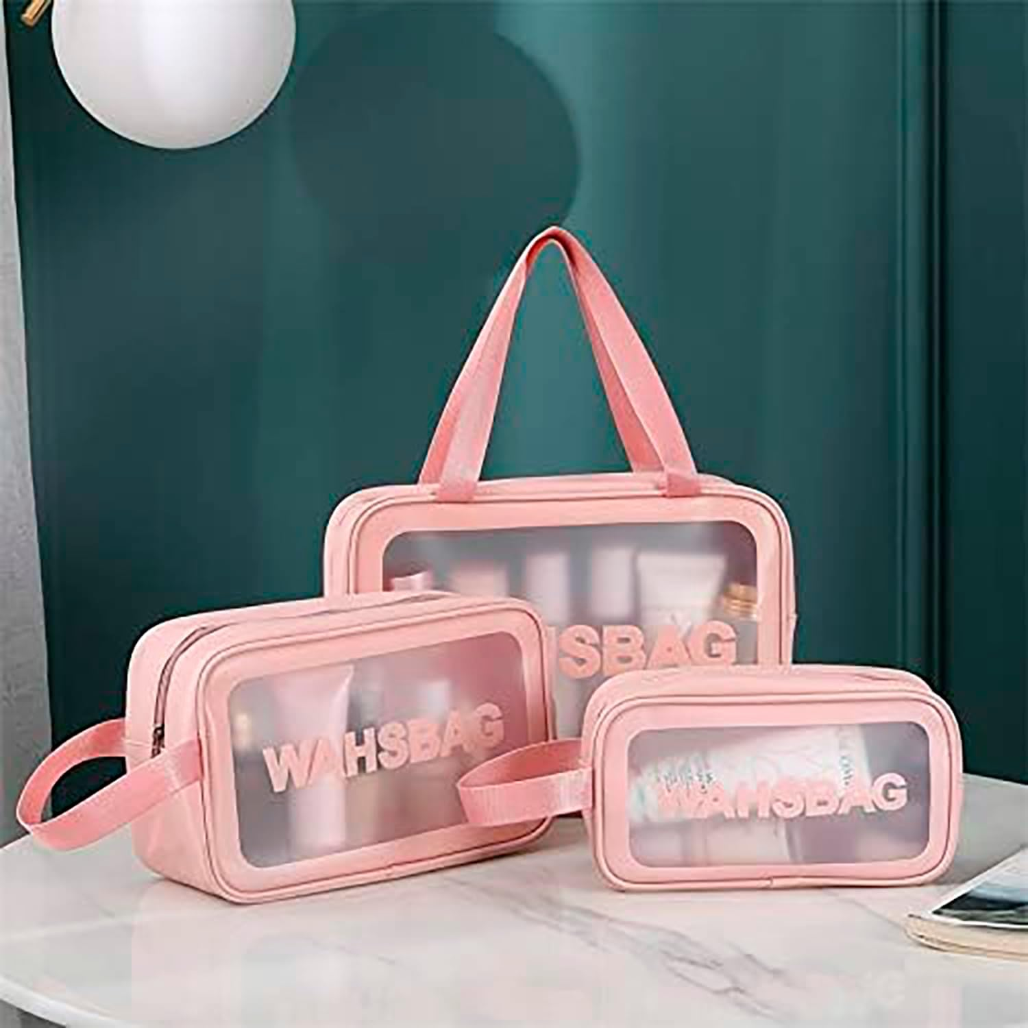 MUYIBENMU Travel Toiletry Bag for Women Men，Translucent Waterproof Travel Makeup Cosmetic Pouch Traveling Organizer for Toiletries, Cosmetic, Accessories，3 Cosmetic Bags, Quart Size (Pink) image number 3