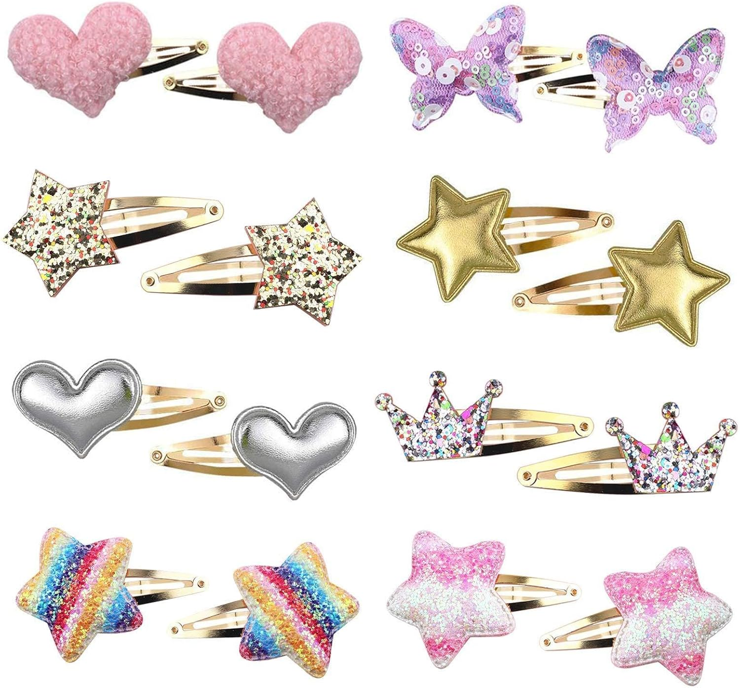Hair Clips for Girls - 8 Pairs of Star, Crown, Heart, Butterfly Shaped Barrettes and Pins - Metal Snap Accessories for Styling Kids' Hair