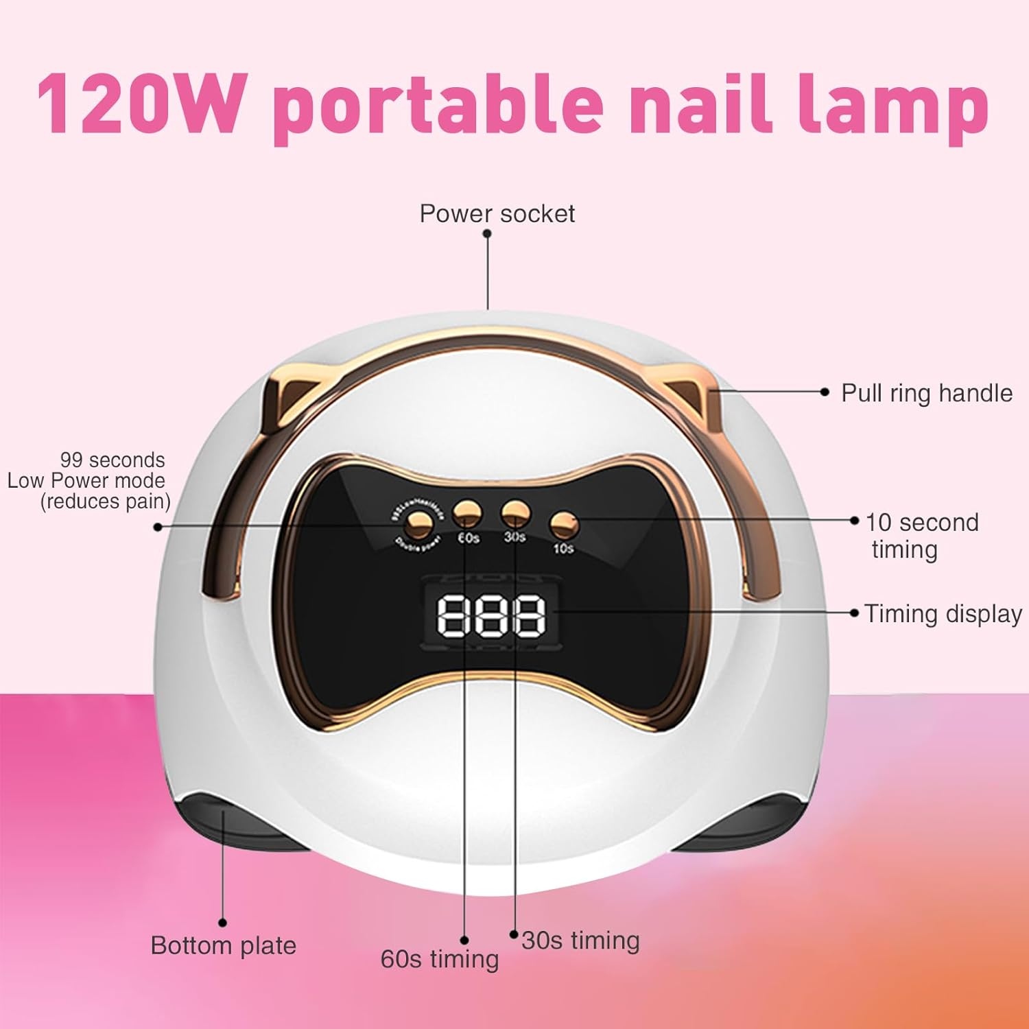 XIULIUU UV LED Nail Polish Lamp, 120W Portable UV/LED Nail Lamp with 3 Timers, Professional for Nail Art Tools Accessories White image number 3