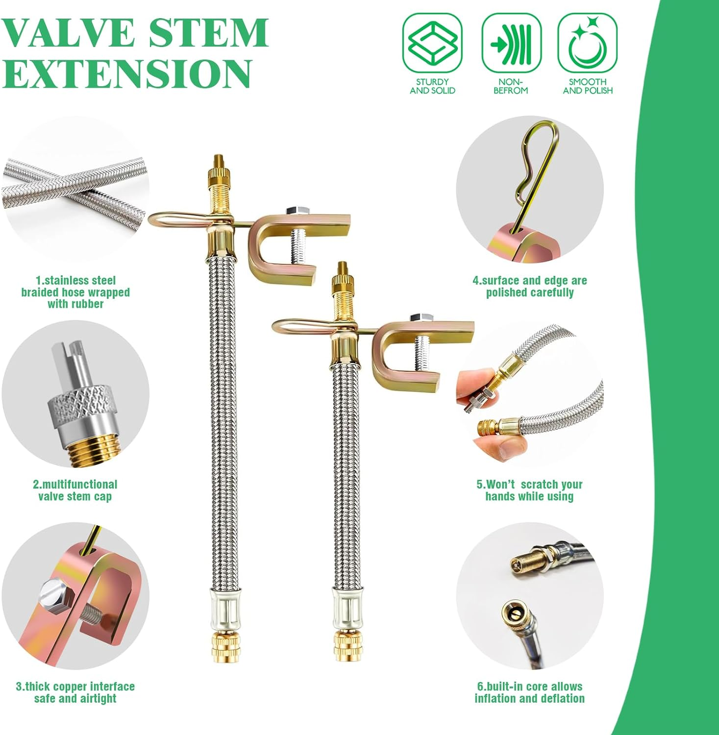 15Pcs Valve Stem Extension with Tire Valve Stem Cores Kit, 45 90 135 Degree Stainless Steel Valve Stem Extender and 7" 12" Brass Braided Stem Extension Adaptors for Most Cars Truck image number 6