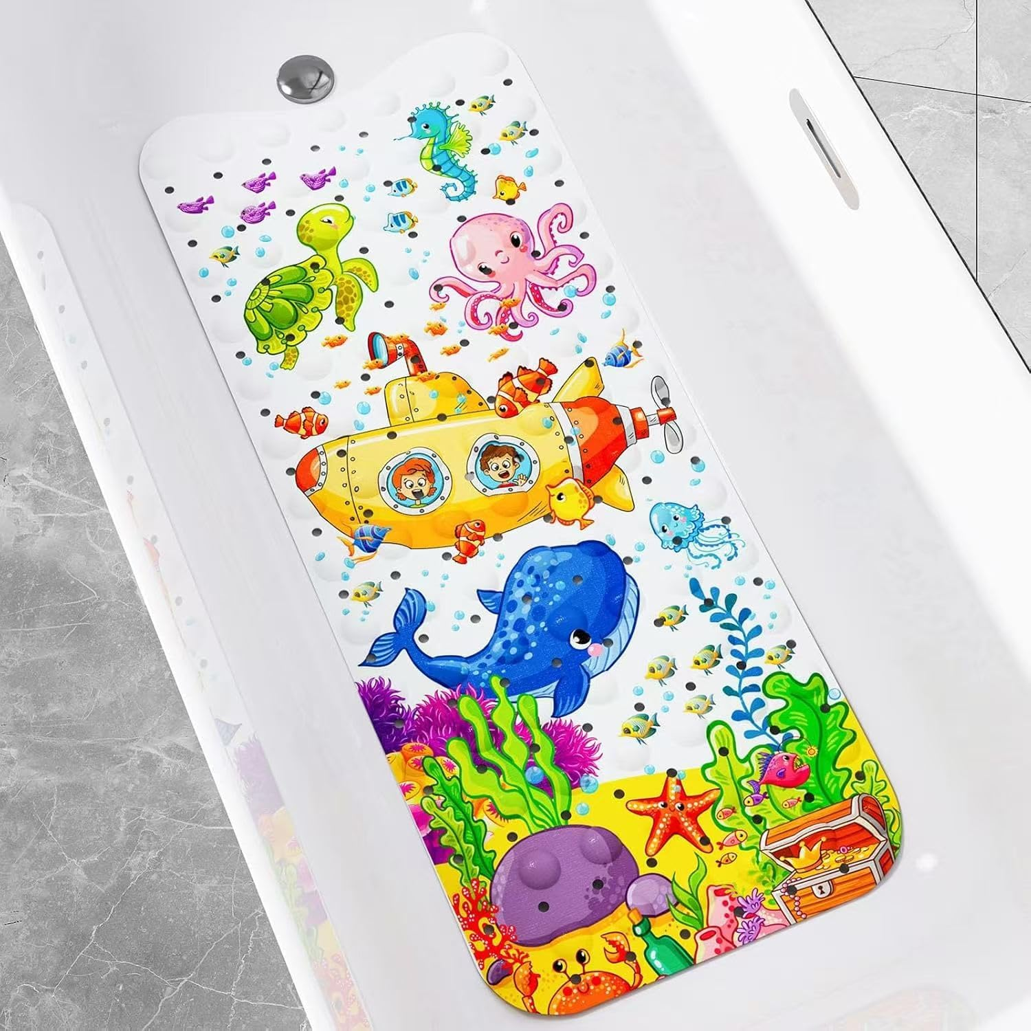 Baby Bath Mat with Suction Cup Drain Holes, 40X16 in Kids Bathtub Mat, anti Slip Toddler Shower Mat Machine Washable Bath Tub Shower Mat Colourful image number 5