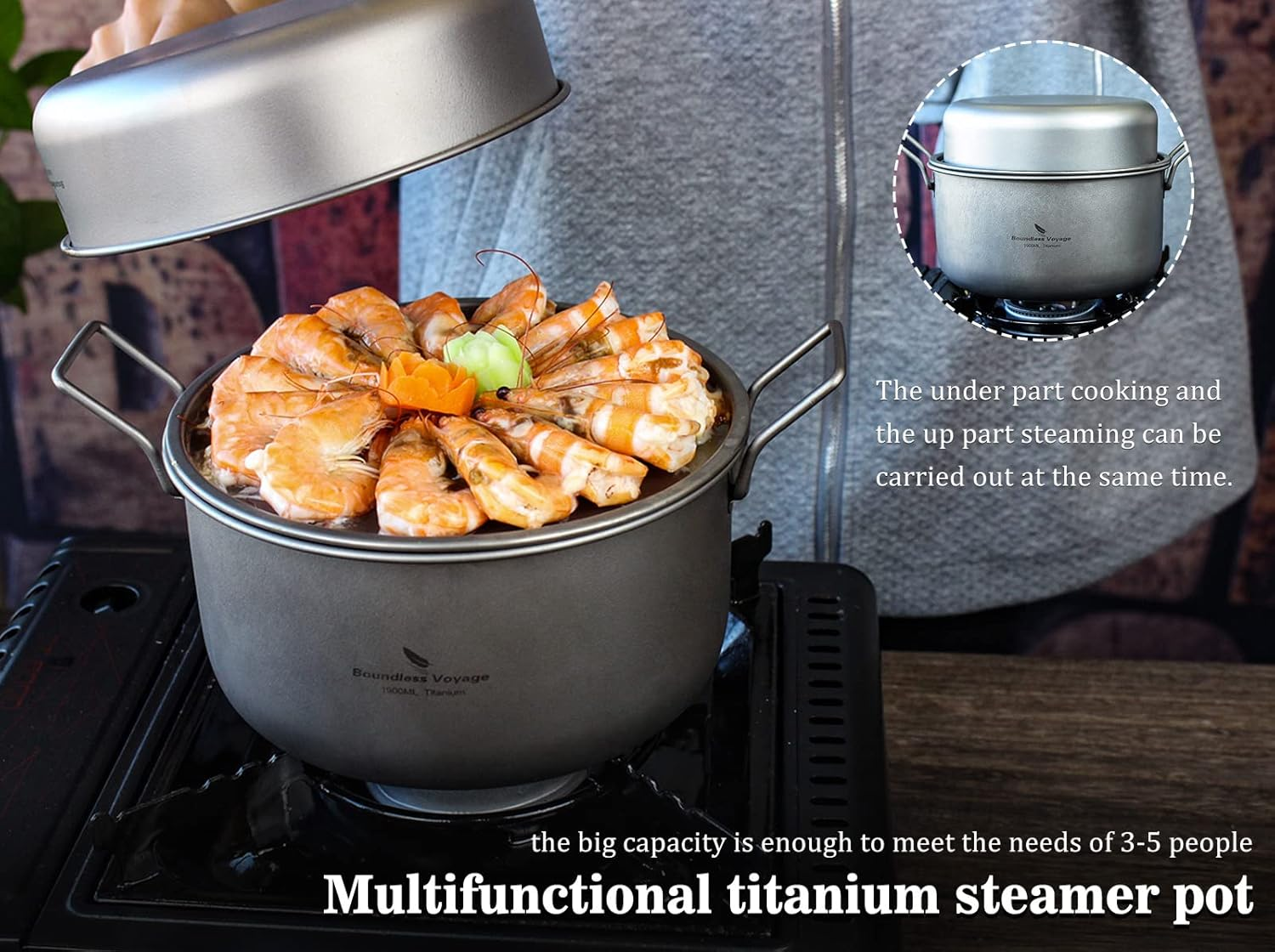 Boundless Voyage Titanium 1.9L Pot with 900Ml Frying Pan Set with Lid Multifunctional Steamer Stockpot Outdoor Camping Picnic Ti2057C