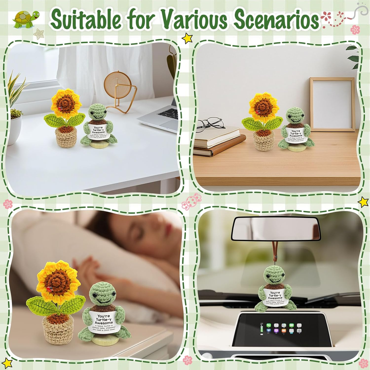 Mini Postive Crochet Funny Gift, 2PCS 3 Inch Cute Crochet Sunflower Pot Desk Decoration Toy with Positive Card for Dad Father Women Mom Best Friend Teacher Fall (Sunflower & Turtles) image number 1