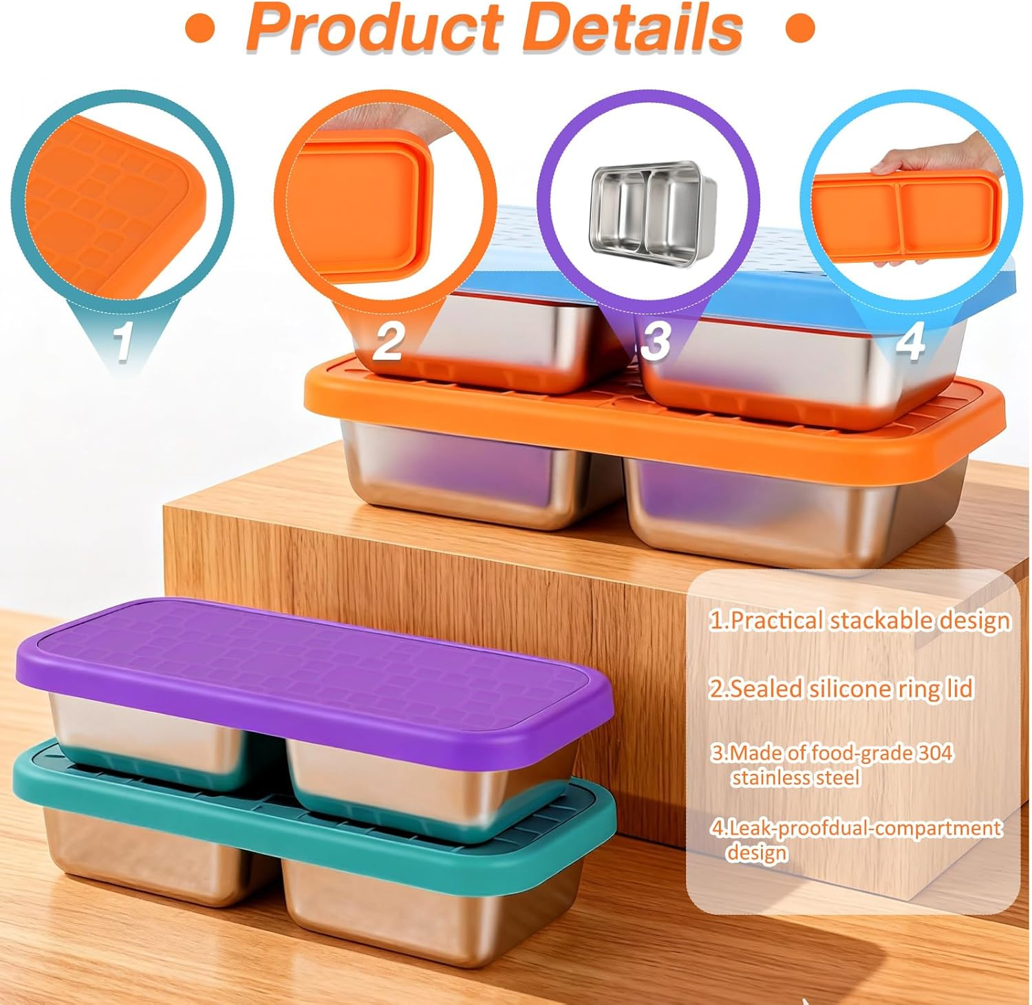 6/4/2 Pcs Stainless Steel Snack Container, Reusable Food Storage Container with Silicone Lid, Divided Snack Box for Kitchen Snacks Dips Take Out Travel and Outdoor Camping (4Pcs) - 2Pcs image number 5