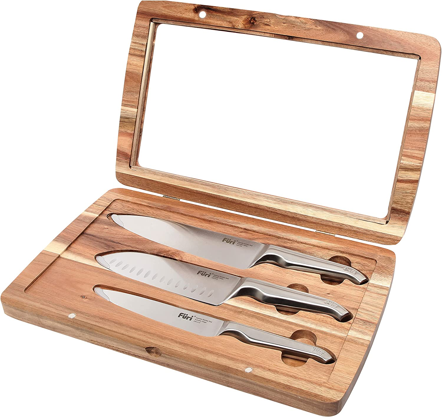 Furi Pro Acacia Knife Set 3 Pc, Beautiful Acacia Wood Gift Box with Three Premium Knives for a Superior Cutting Performance, Stainless Steel Blades, Ergonomic Reverse-Wedge, Anti-Fatigue Handle image number 6