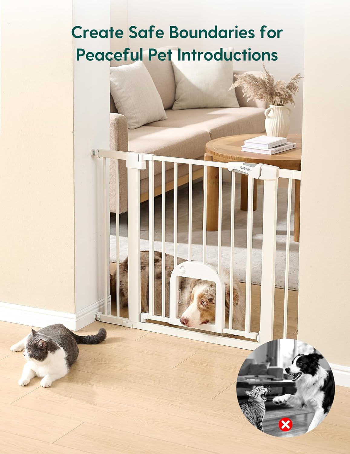 Babelio Upgraded Baby Gate with Cat Door, 73.7-109 CM Auto Close Durable Dog Gate for Stairs, Doorways and House, Easy Walk Thru Safety Gate with Pet Door Includes 4 Wall Cups, White image number 7