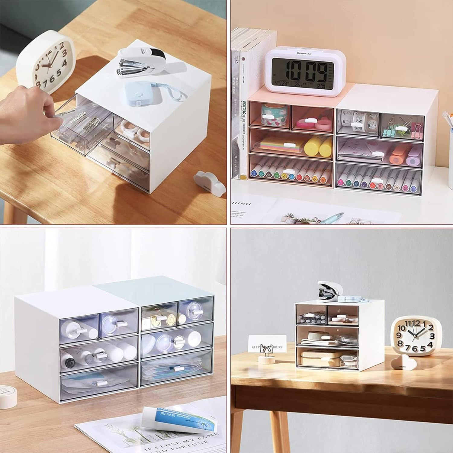 Esk Storage, Makeup Storage Box Clear Plastic Desk Storage Box Cosmetic Storage Organizer with 4 Drawers Desktop Organizer for Office School Home Bathroom, Pink image number 2