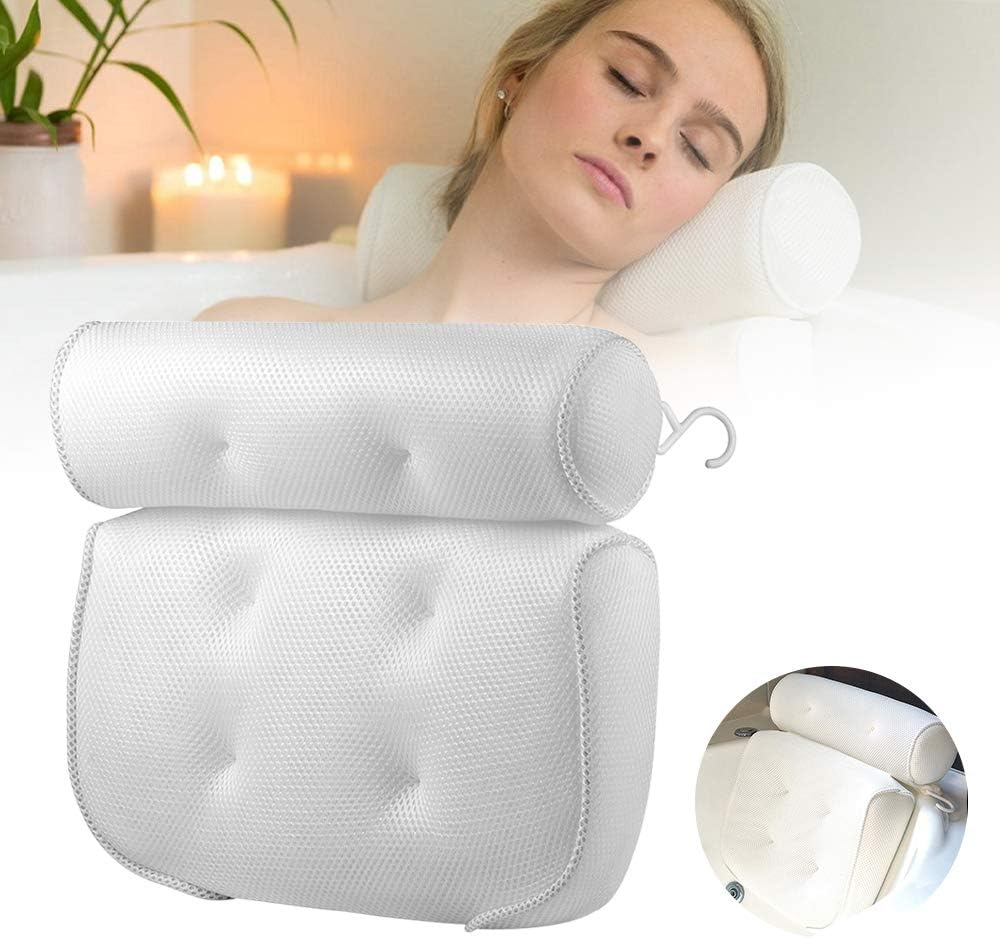 Bath Pillow Bathtub Spa Pillow, Non-Slip 6 Large Suction Cups, Extra Thick for Perfect Head, Neck, Back and Shoulder Support by Idle Hippo, Fits All Hot Tub, Whirlpool, Jacuzzi & Standard Tubs (White) image number 1