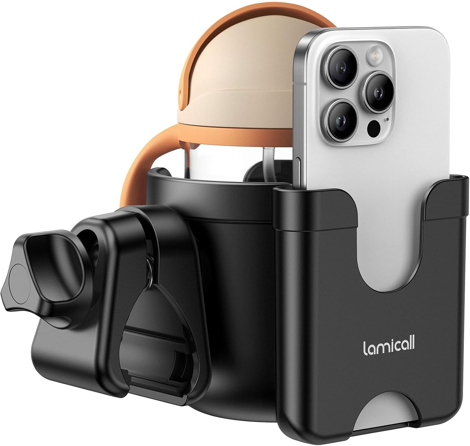 Lamicall Stroller Cup Holder with Phone Holder - Stable Anti-Slip Stroller Cup Holder Attachment for Uppababy, Nuna, Doona, 360&deg; Rotatable Stroller Accessories for Walker, Wheelchair, Bike, Scooter image number 2