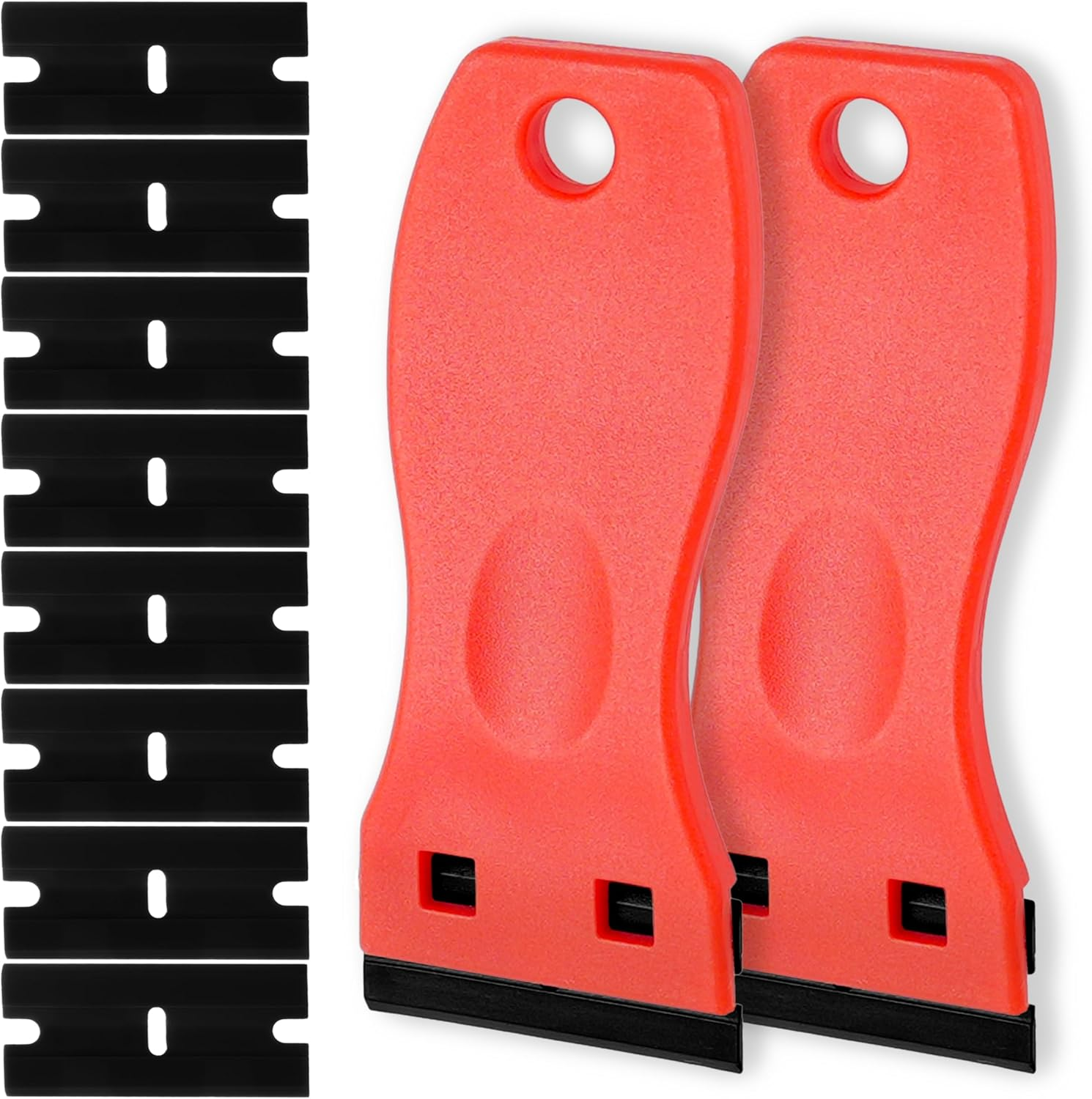 2-Pack Plastic Razor Scraper Tool with 8 Double-Edged Blades - Scratch-Free Sticker Remover for Car Windscreen, Glass, Kitchen, Rego Labels - Safe Adhesive Decal & Glue Removal Gadget