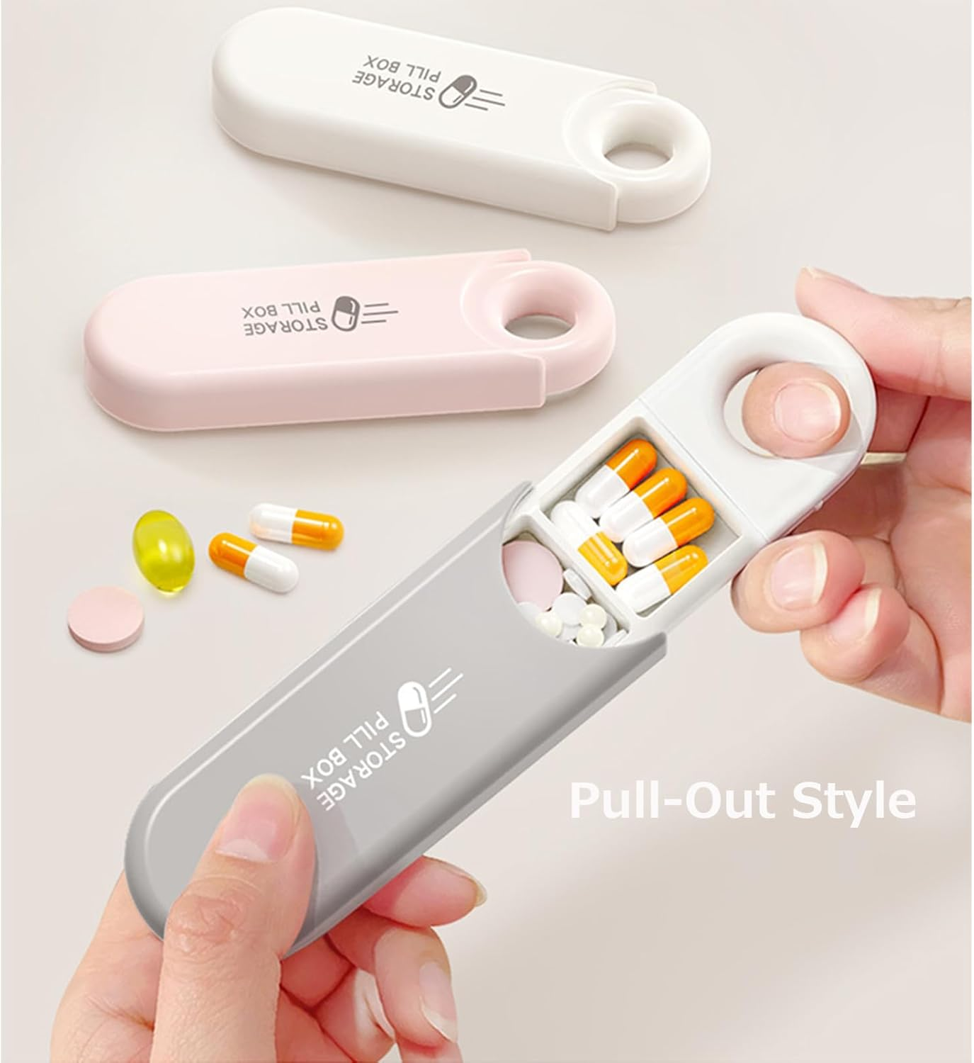 U-Shaped Pill Box Organiser, Daily Pill Container Organizer 3 Compartments, Small Portable Pill Case for Travel Pocket Purse, Compact EDC Pill Holder (Grey)