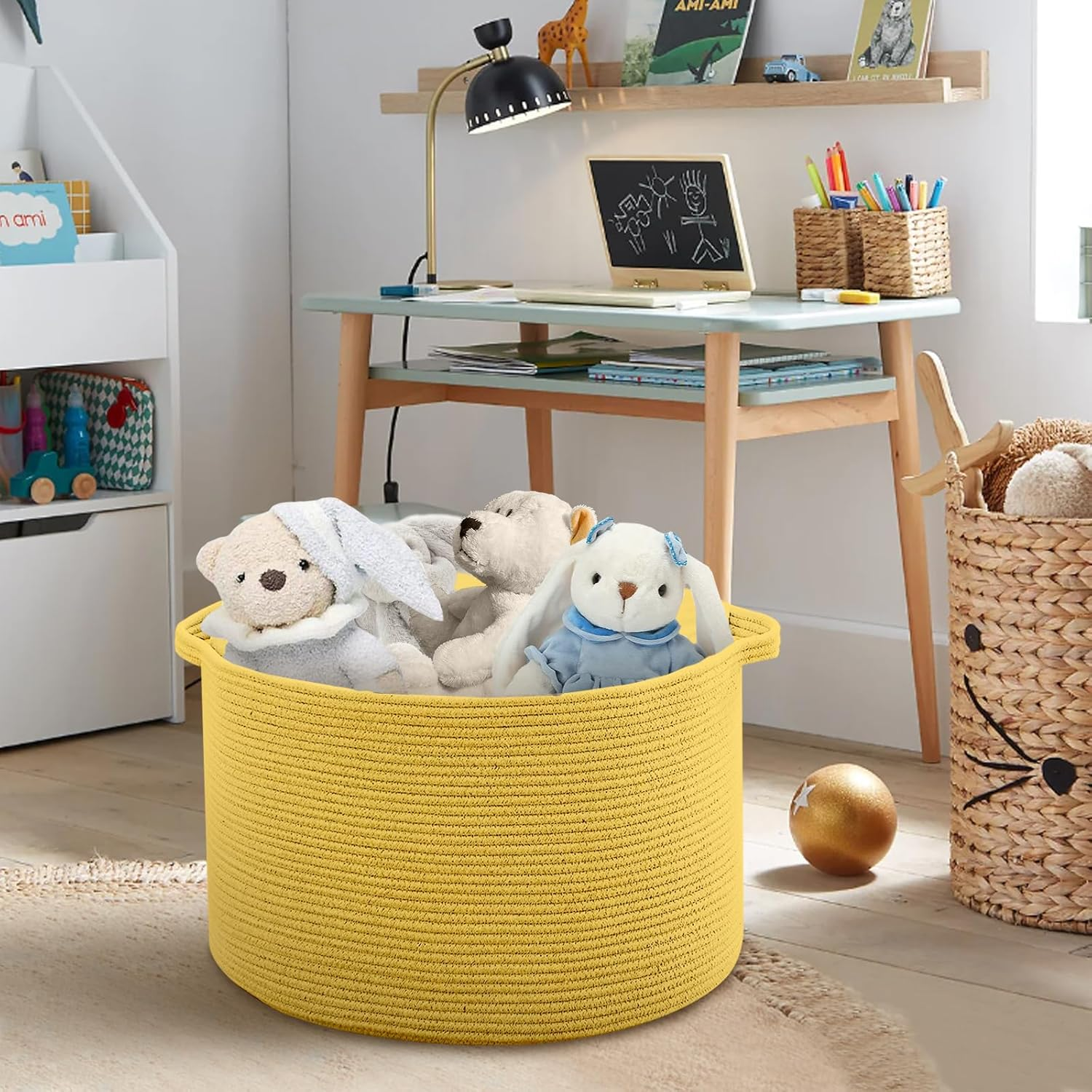 MEGASKET Extra Large Yellow Storage Basket, 22" X 22" X 14" Woven Cotton Rope, for Living Room, Baby Nursery, Toy Organizer, Towels, Room Decor - Brown Variegated image number 4