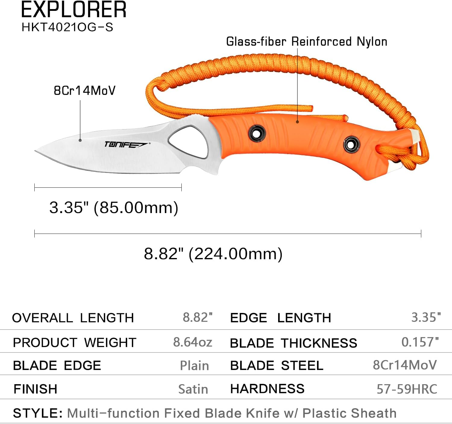 TONIFE Explorer Fixed Blade Knife with Plastic Sheath 8Cr14Mov Blade Survival Knife, Fiberglass Reinforced Nylon Handle for Outdoor Camping Knife EDC Knife (Orange+Satin) image number 6