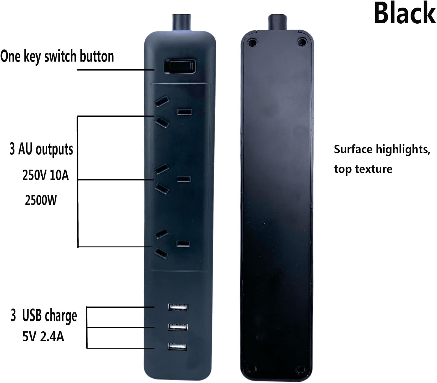 Power Strip Socket 3M Extension Cord Power Board with 3USB Port Charge for Sweeping Robot, Phone, Surge Protector Powerboard 3 AC Outlets, Max 2500W/10A, AU Plug Socket with Switch for Home (Black) image number 4