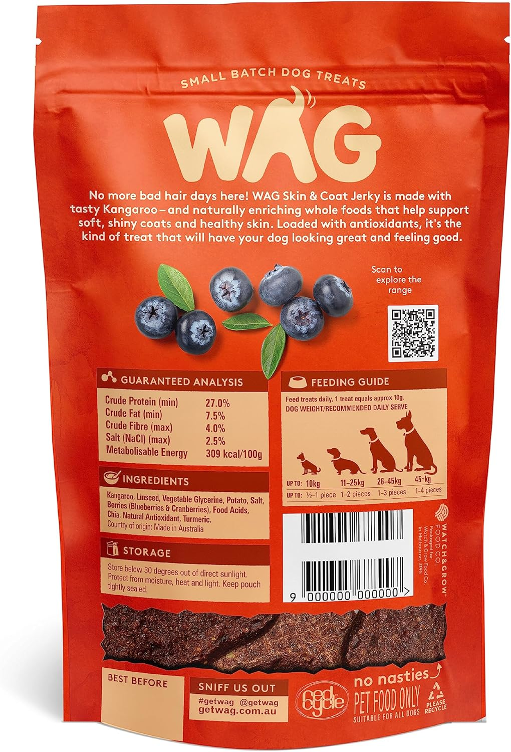 Wag Kangaroo Flavour Jerky, Skin & Coat Support, All Natural Dog Treats, 10 Pieces image number 4