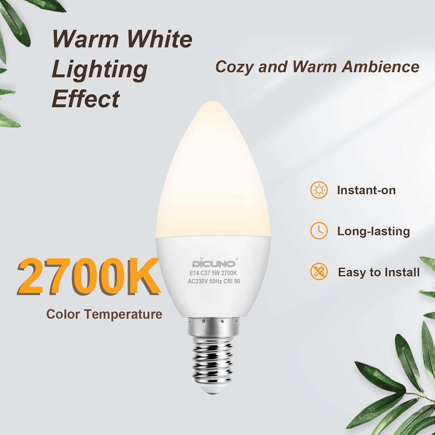 Dicuno E14 Bulb, 5W Small Edison Screw Candle Light Bulbs, 550LM, 50W Incandescent Equivalent, Warm White 2700K, CRI90, SES C37 E14 LED for Chandeliers, Pack of 6