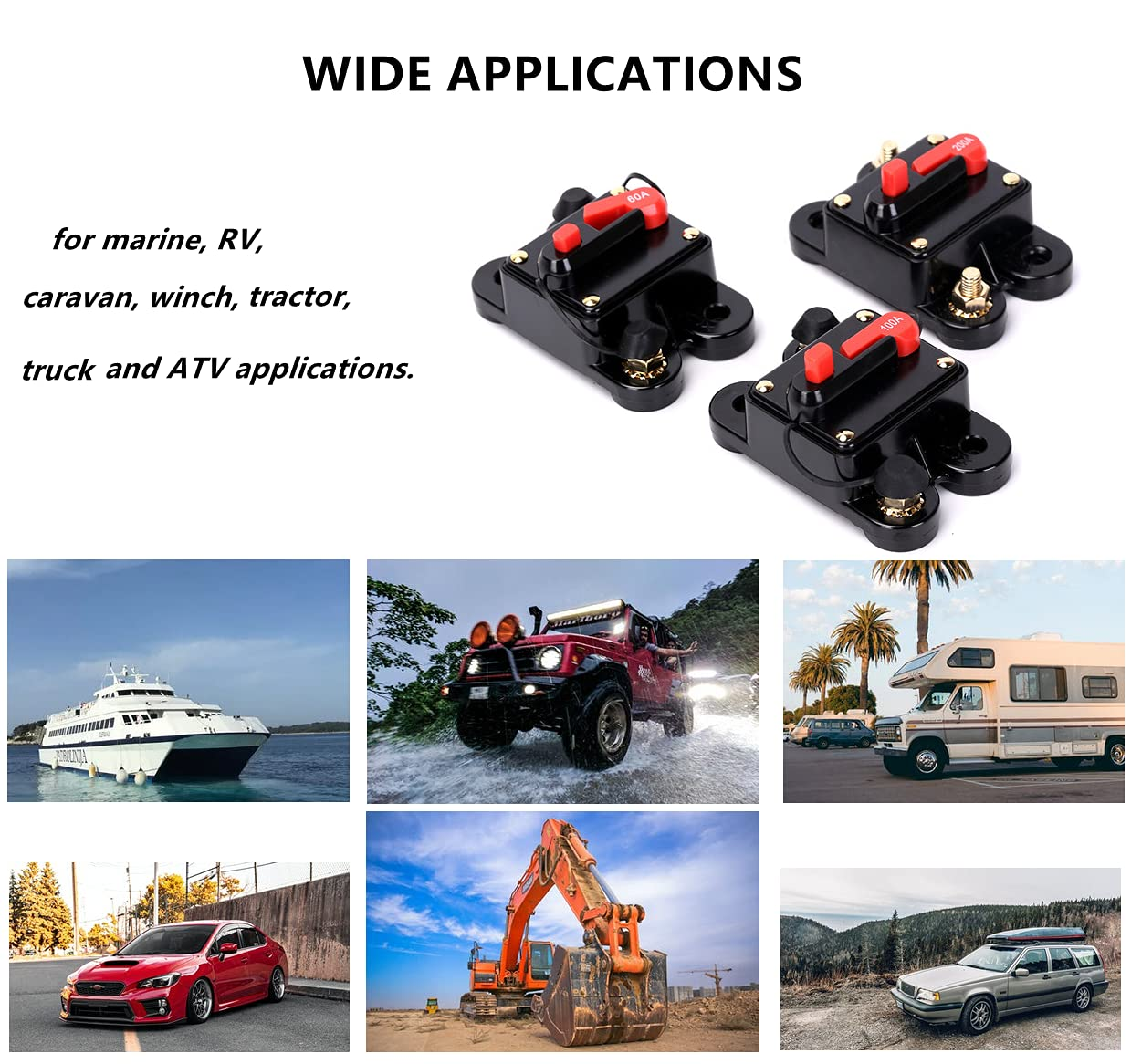 DC 12V-24V 60A/100A/200A Manual Reset Circuit Breaker Suitable for Car and Boat Audio Stereo Video Current Overload Protector (60A) image number 2