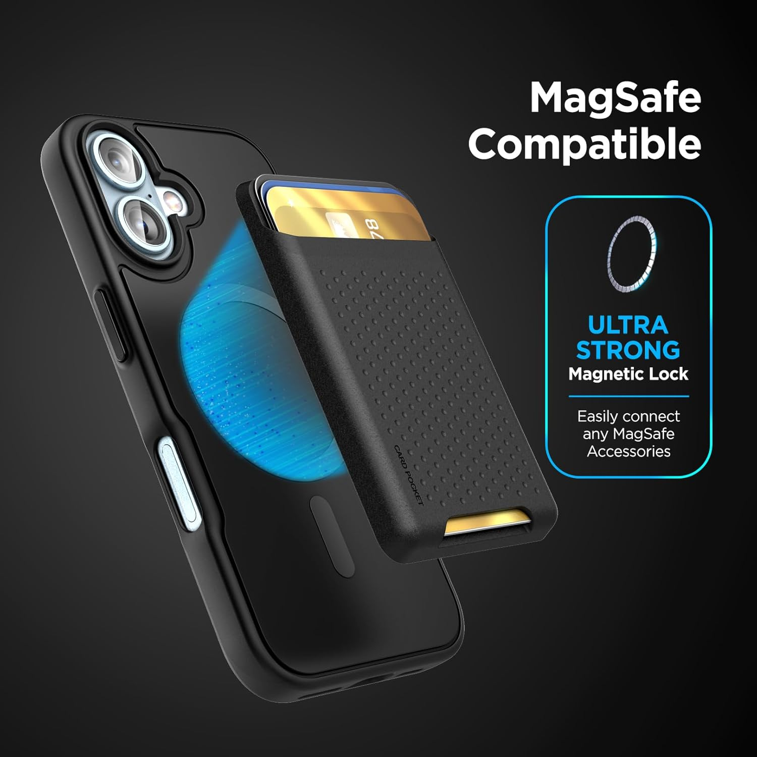Encased Slimshield for Iphone 16 Case with Card Holder, (Compatible with Magsafe) Detachable Magnetic Wallet and Phone Cover - for Men (Black) image number 1