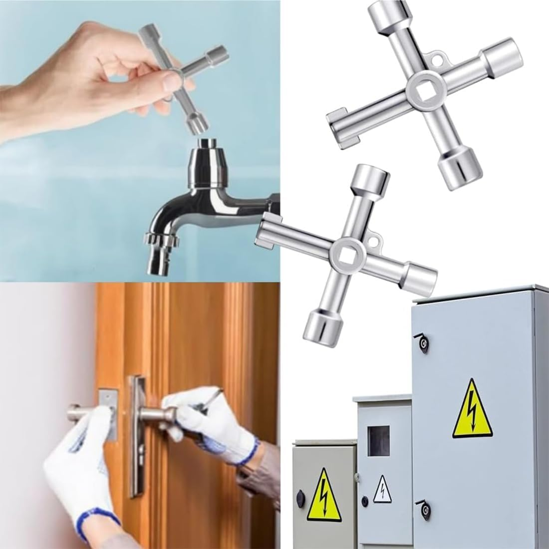 2 Pack Electrical Cabinet Key, 4 Way Utilities Key, 4 in 1 Triangle Square Panel Cross Key Wrench for Faucet Gas Meter Valve Spigots Electrical Cabinet Plumbing Plumber Opening (Silver)