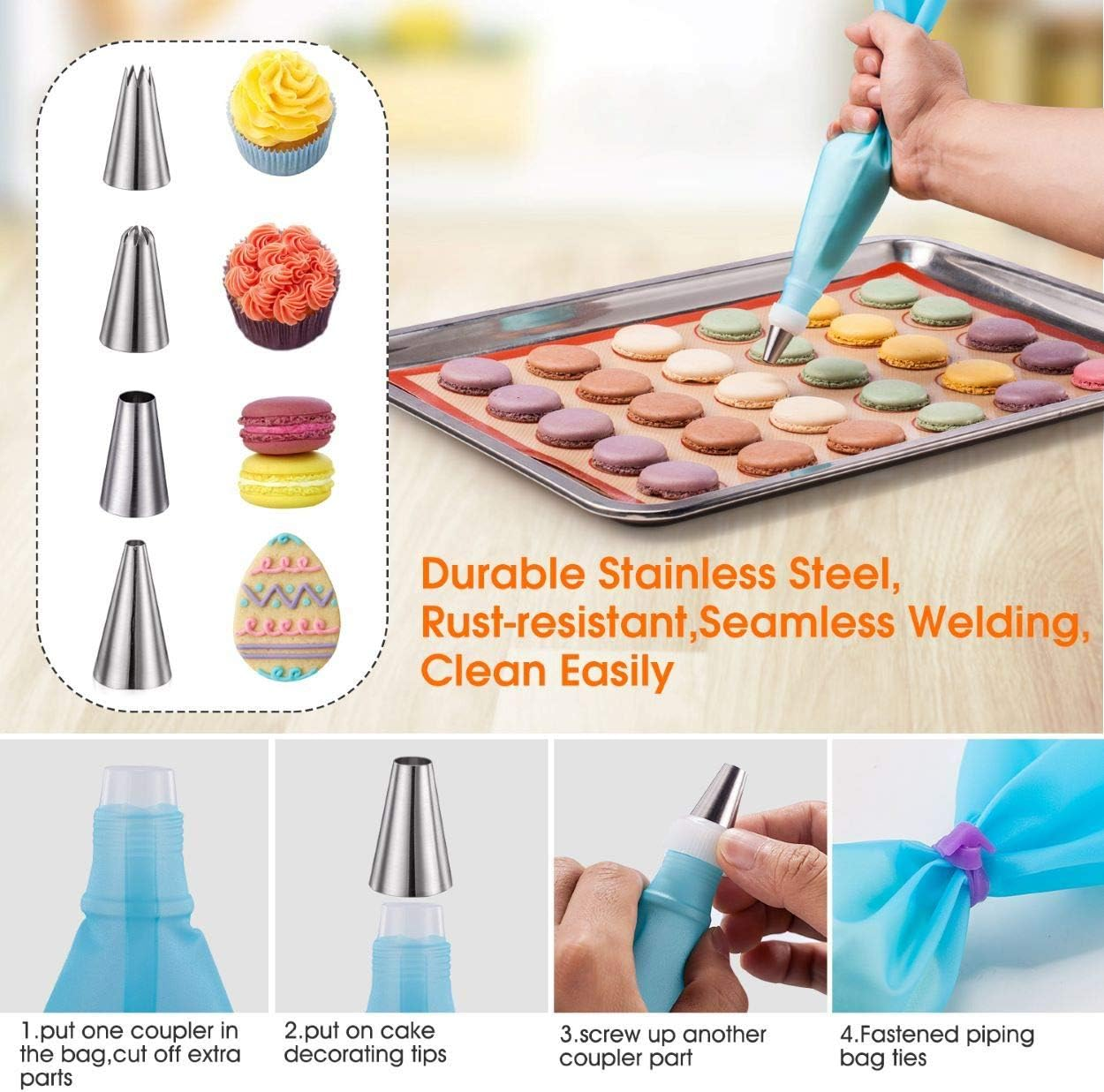 Silicone Baking Mat Macaron Mat Kit(14Pcs Set) Macaroon Baking Mat Set of 2 Half Sheet Macaron Silicone Mat Nonstick Macaron Mat Sheet,6 Piping Tip,2 Piping Bag with 2 Bag Half Quarter Sheet Brown+Purple - Brown+Purple image number 6