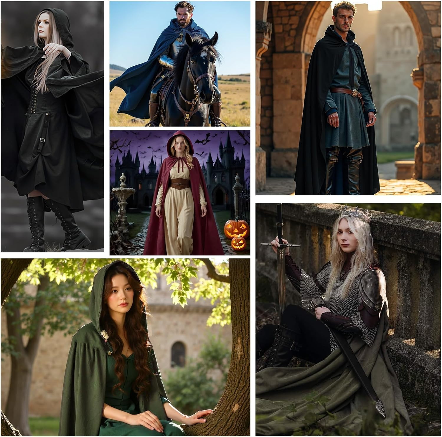 Hapurs Hooded Cloak Robe Costume Cape with Hood Halloween Tunic Hooded Uniform Cape with Hood Renaissance Medieval Costume Witch Vampire Cloak Cosplay image number 6