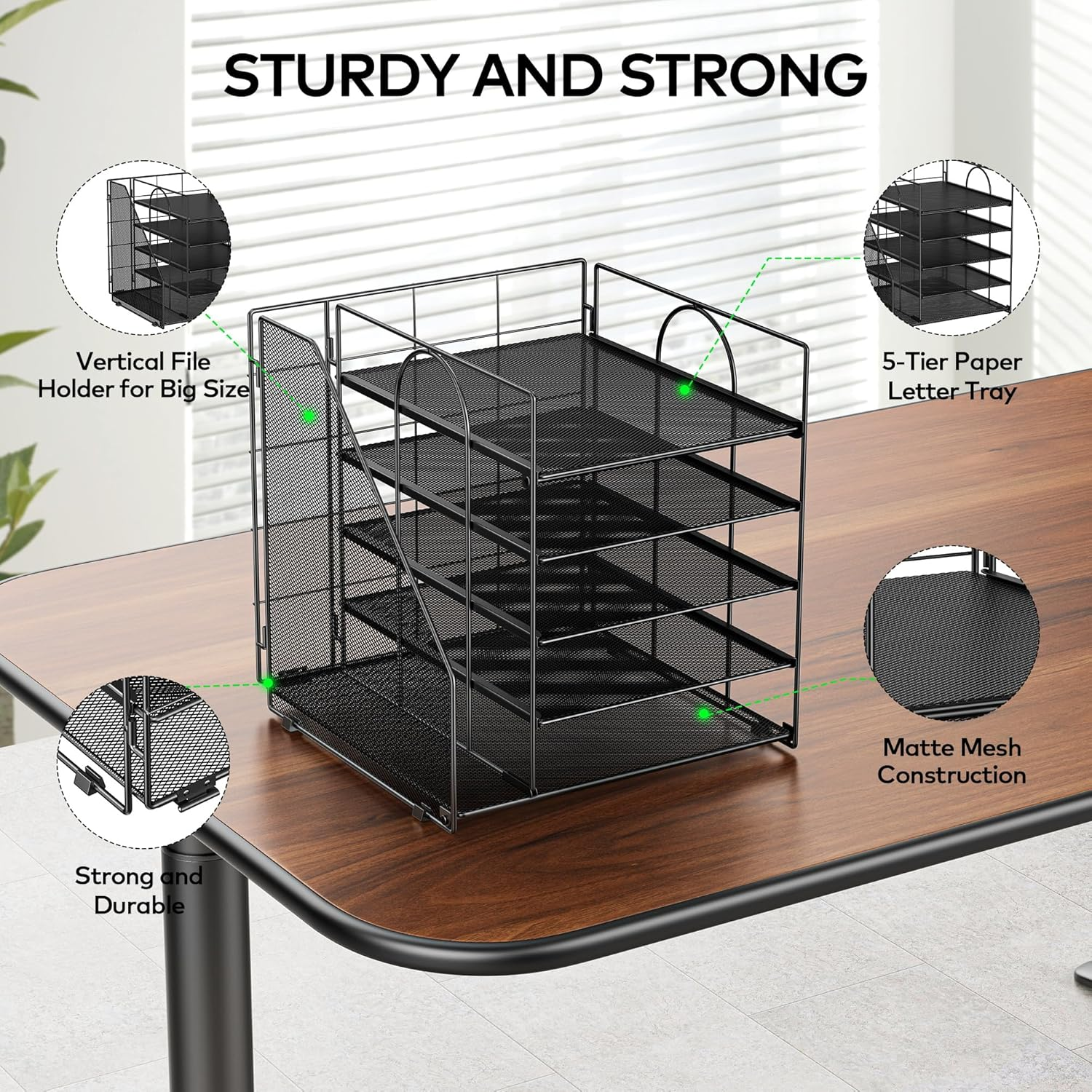 Auvo ADO04 Metal Mesh Desk Organizer, 5-Tier Paper Letter Tray with File Holder, Vertical Magazine/File Holder, Desktop Organizer for Office Supplies, Black image number 5