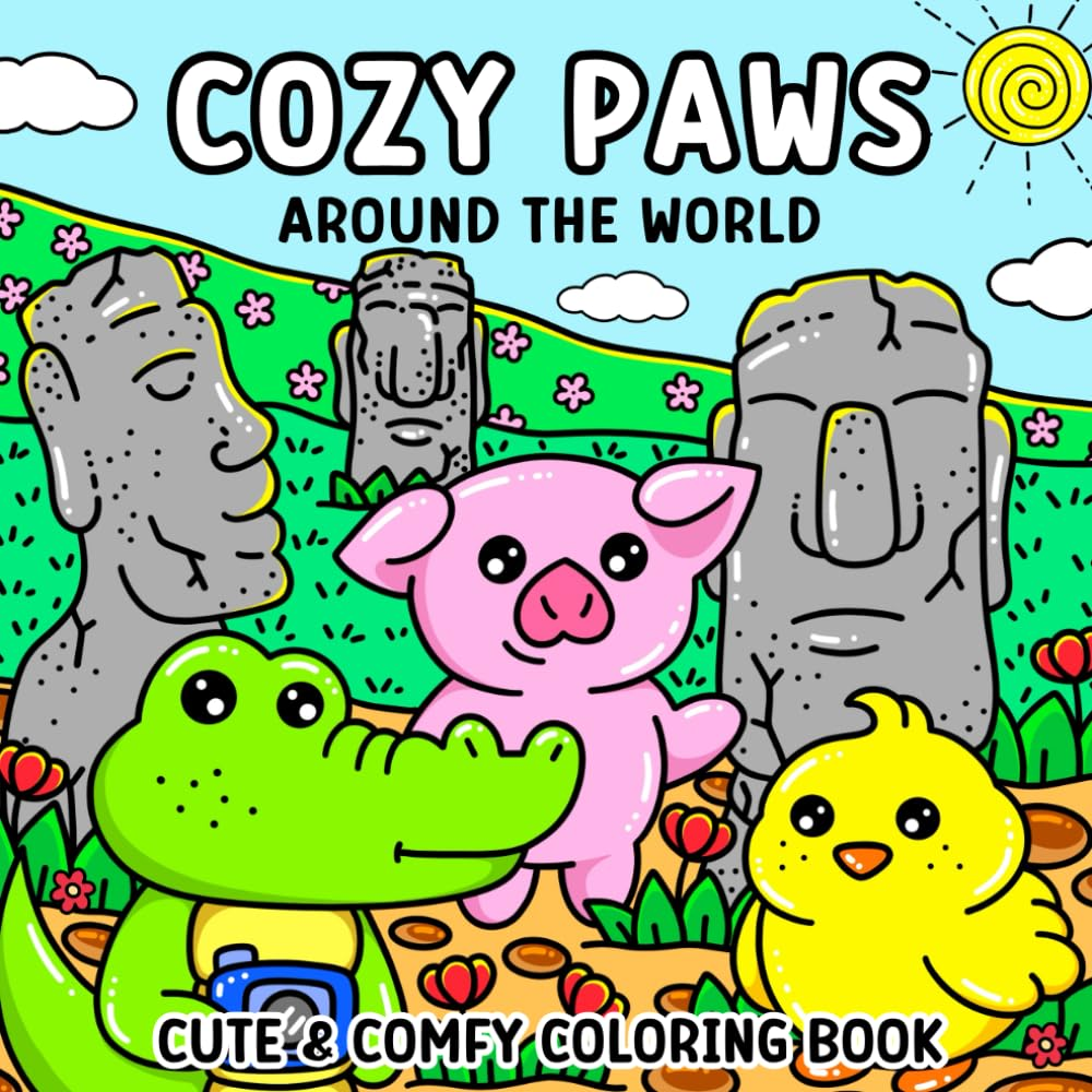 Cozy Paws around the World: Coloring Book for Adults and Teens, Cute & Comfy Designs for Relaxation and Stress Relief, Adorable Animal Friends Exploring World Wonders image number 1