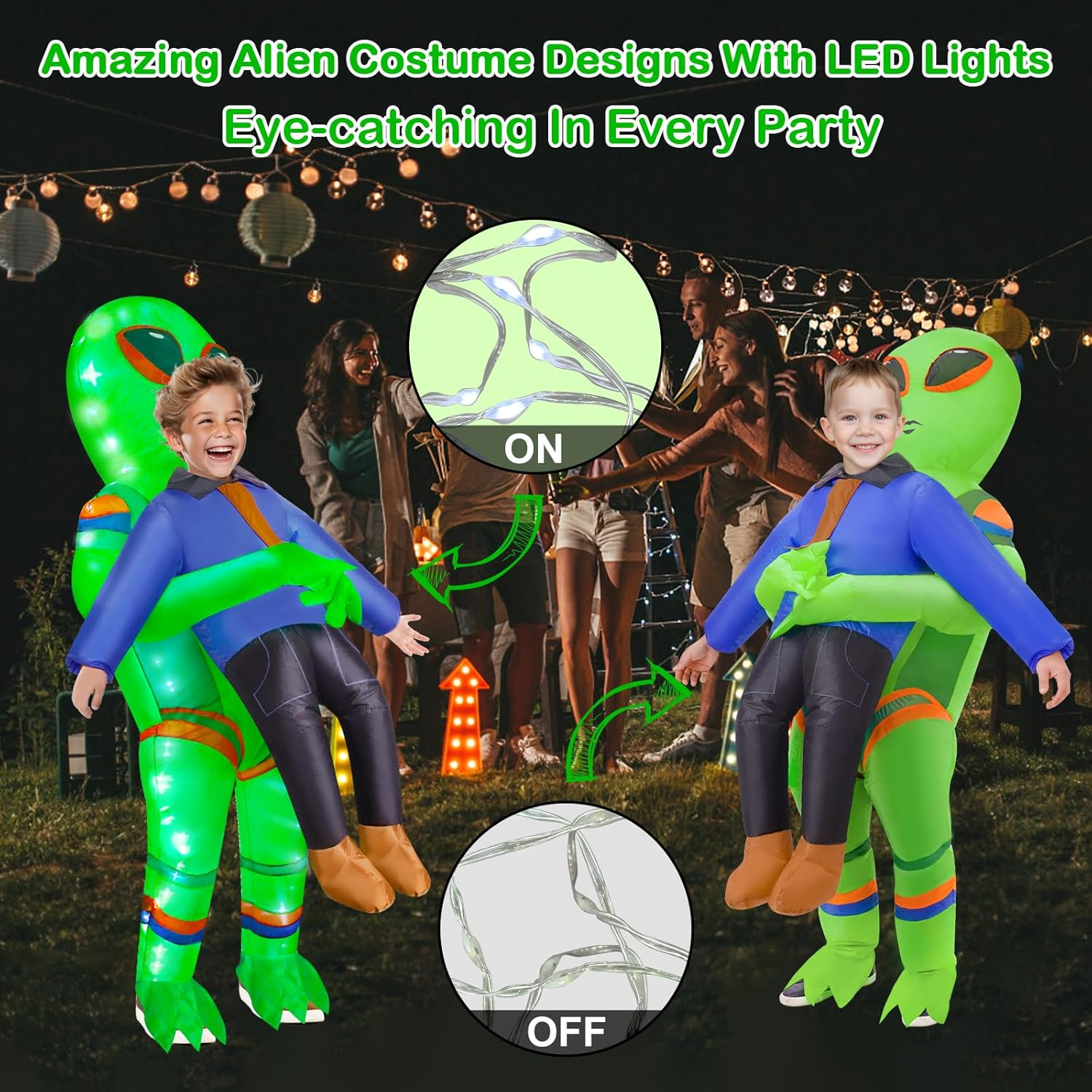 Inflatable Alien Costume for Adult Kids with LED Lights Blow up Lighted Alien Abduction Halloween Costumes Cosplay Party image number 4