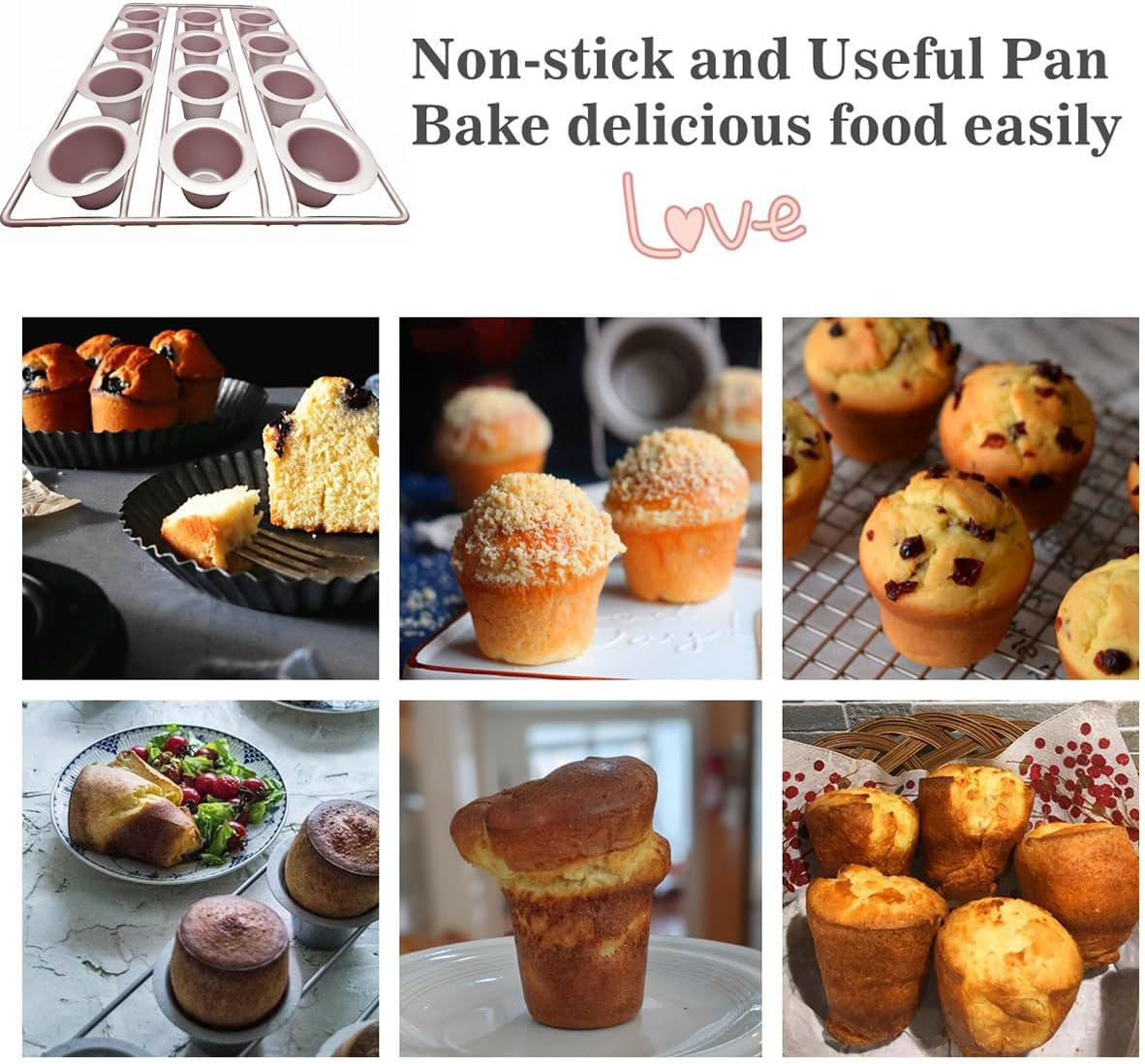 DWWTKL 12-Cavity Popover Pan Non-Stick Yorkshire Muffin Puddings Cake Quiches Cupcake Mold Bakeware for Oven Baking (Champagne Gold)