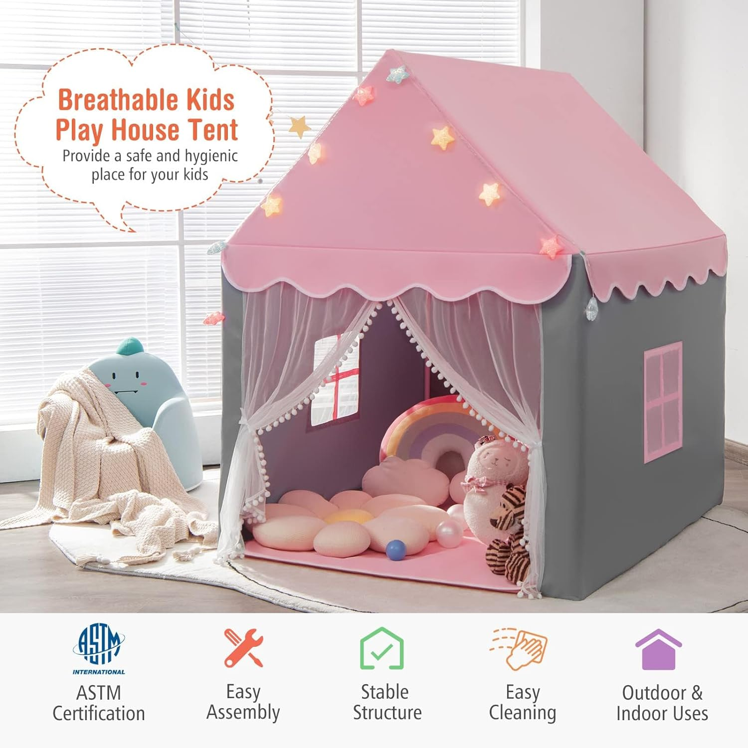 HONEY JOY Kids Play Tent, Large Playhouse with Star Ornaments, Washable Mat, Windows, Indoor Outdoor Princess Tent for Boys & Girls, Children Castle Fairy Tent, Holiday Birthday Gift (Pink)
