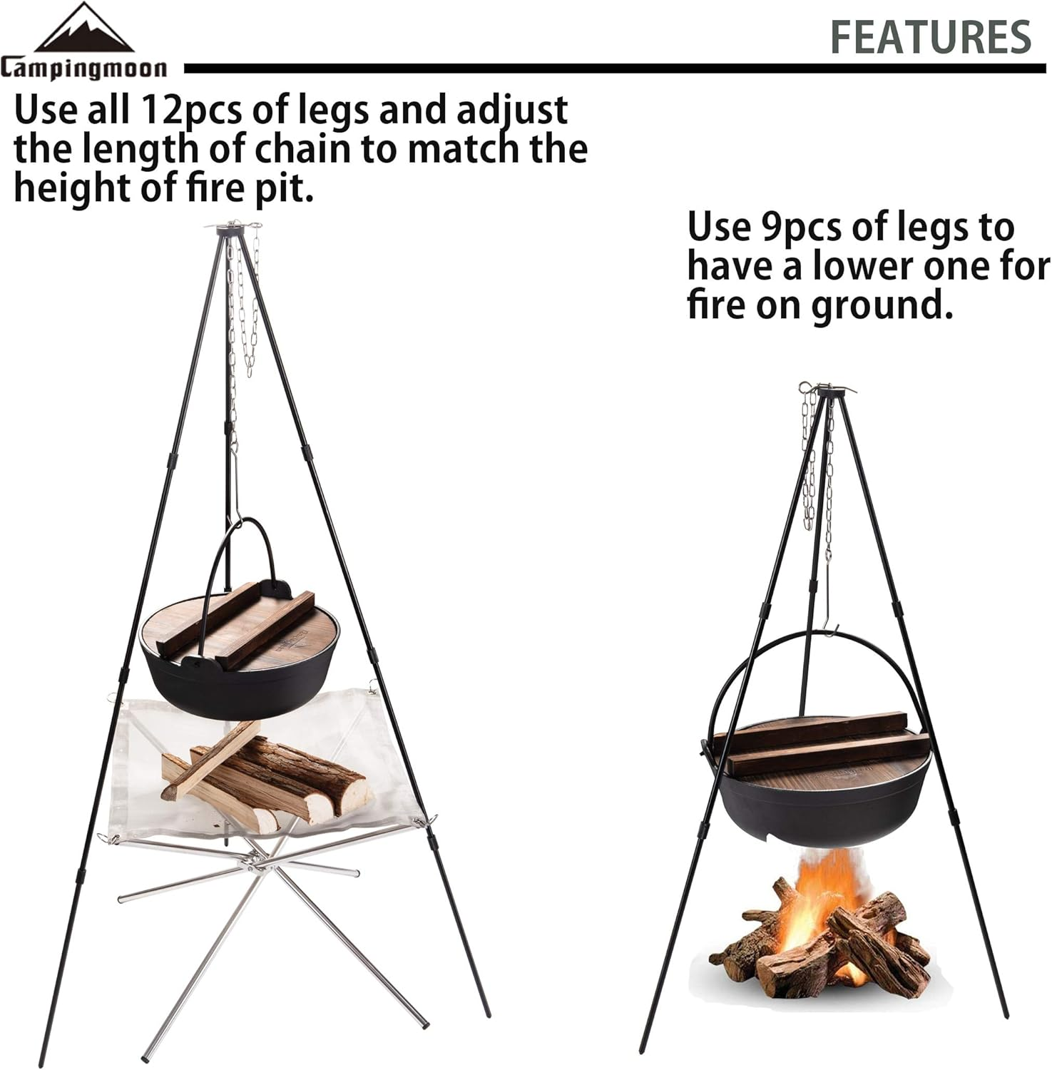 CAMPINGMOON Camping Campfire Tripod with Carrying Bag Portable Lightweight Aluminum 41.3-Inch Height Stainless Steel Chain image number 6