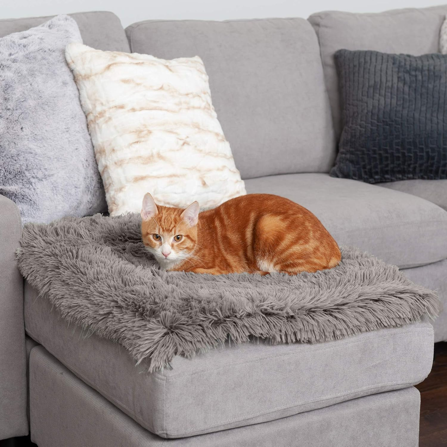 Furhaven Small Cat Bed Self-Warming Long Faux Fur & Suede Convertible Cuddler, Washable - Gray, Small