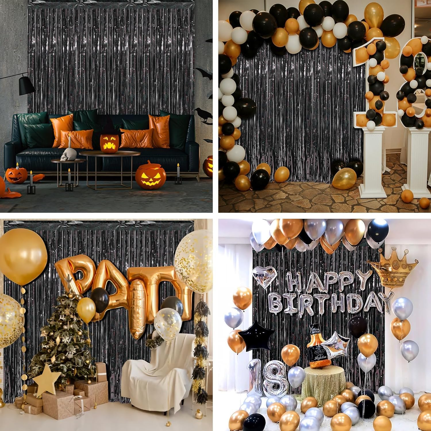 4 Pack Foil Fringe Curtains, Tinsel Streamers Birthday Party Decorations Photo Booth Props for Birthday Wedding Engagement Bachelorette Christmas Celebration Party Decorations (1X2.5M, Black) - Black image number 2