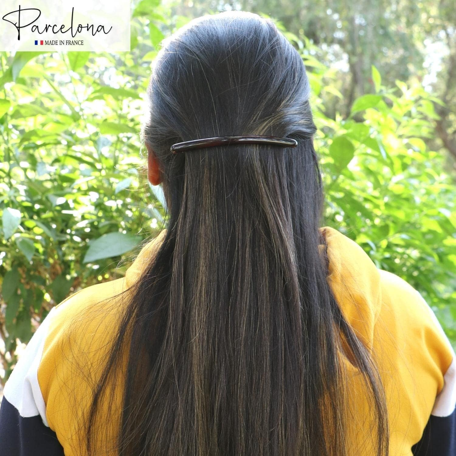 Parcelona French Skinny Rounded Tortoise Shell Brown and Black 4&rdquo; Celluloid Automatic Set of 2 Hair Clip Barrettes for Women and Girls image number 2