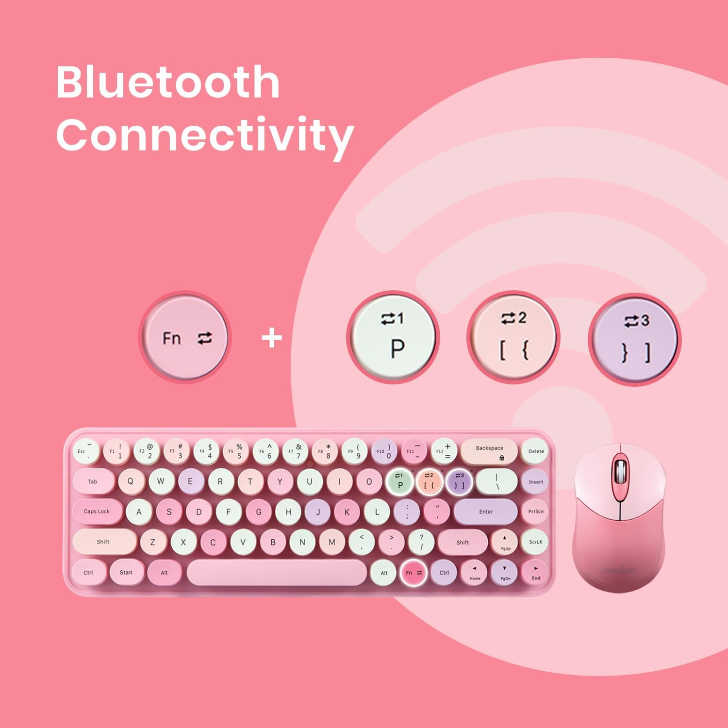 Perixx PERIDUO-802PK Bluetooth Mini Keyboard and Mouse Combo - Retro round Key Caps - Pastel Pink - US English