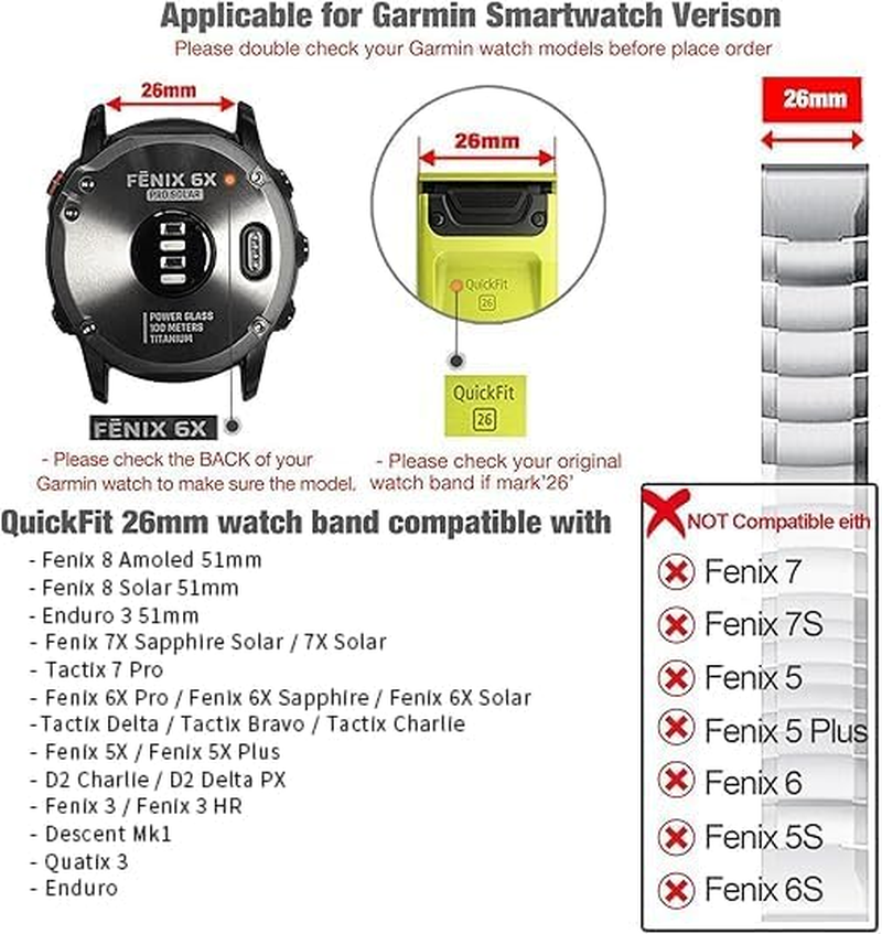 Synsing 26Mm Titanium Metal Quick Release Watchband Compatible for Fenix 8 51Mm/Enduro 3 51Mm/Fenix 6X Pro/7X Pro/5X Plus,22Mm Band for Garmin Fenix 8 47Mm/E 47Mm/Fenix 6 Pro/7/5 Plus/Forerunner 965 image number 4