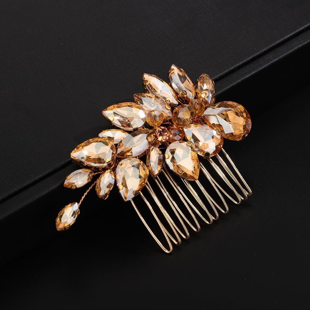 Teyglen Crystal Bridal Rhinestone Hair Comb Headpiece with Sparkly Rhinestones for Women and Girls (Gold)